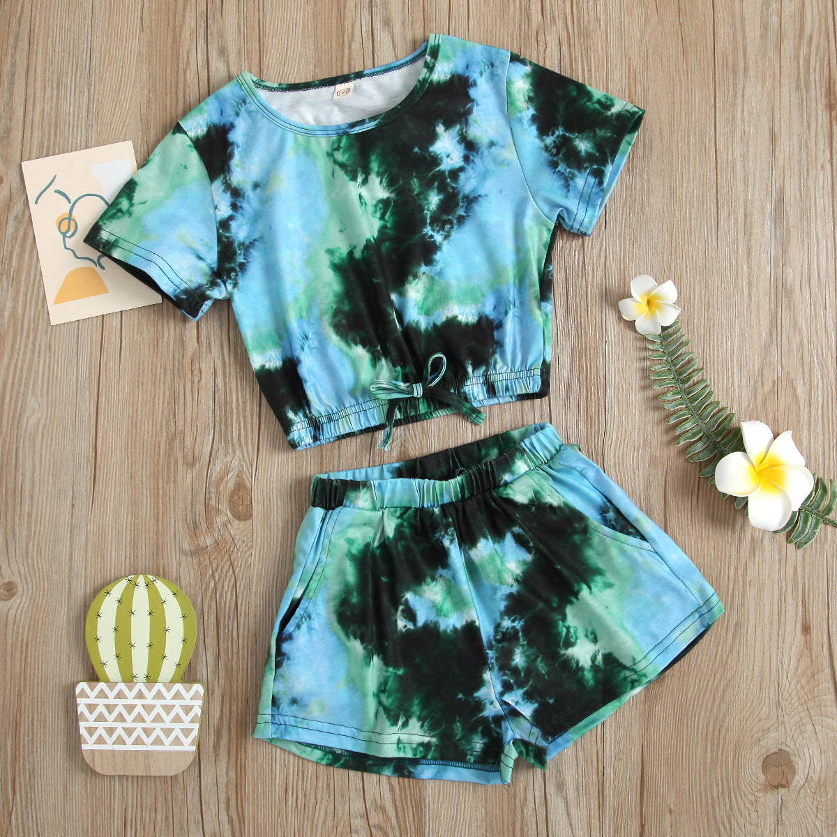 Wholesale Tie Dye Round Neck Short Sleeve Tape Top+Short Shorts Baby Clothes